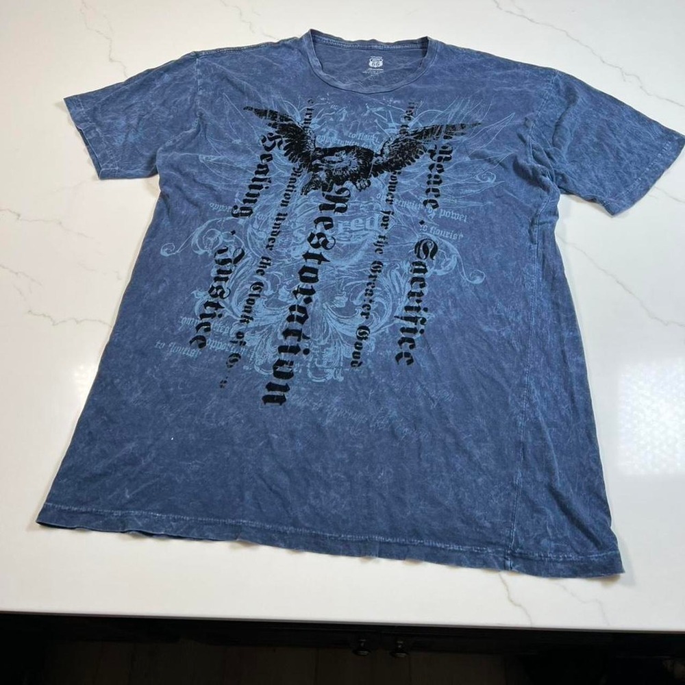 Route 66 Graphic T-Shirt Mens XL Blue Acid Wash Gothic Eagle Restoration Justice